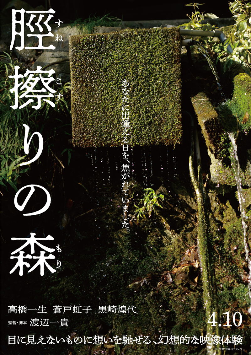 降りしきる雪の中を歩く謎の老人の後ろ姿　丸いフォルムが愛らしい謎の女　「脛擦りの森」ビジュアル