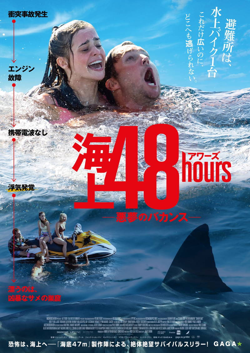 海上を漂流する1台の水上バイク　ピッタリと並走する巨大なホホジロザメ　「海上48hours」場面写真